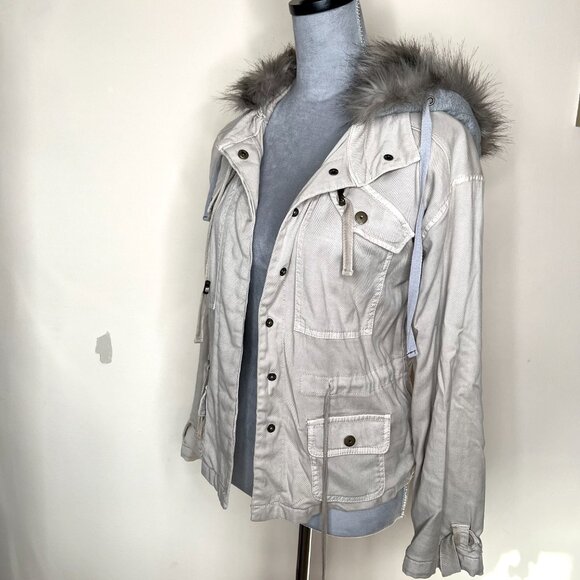 Marrakech Beige Faux Fur Lined Hood Jacket Size XS Brown Utility Cargo Packable - Picture 12 of 16